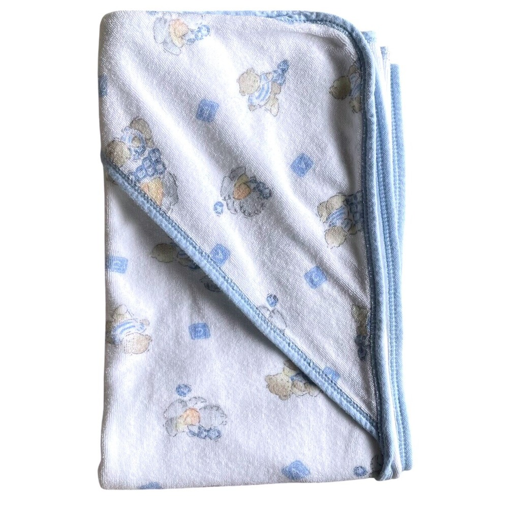 Vintage Rare Unisex Carters Cotton Hood Teddy Bear Kitten ABC Blanket Blue White